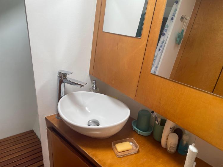 Modern bathroom sink with wooden cabinetry, mirror, and toiletries. Custom KSENIA 149, 2010 model.