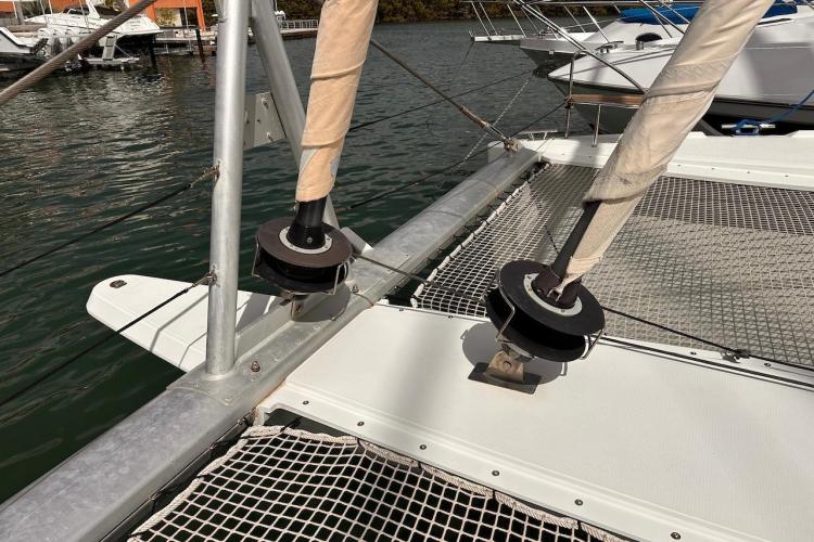 2016 Fountaine Pajot Ipanema 58 catamaran deck with rigging and netting details.