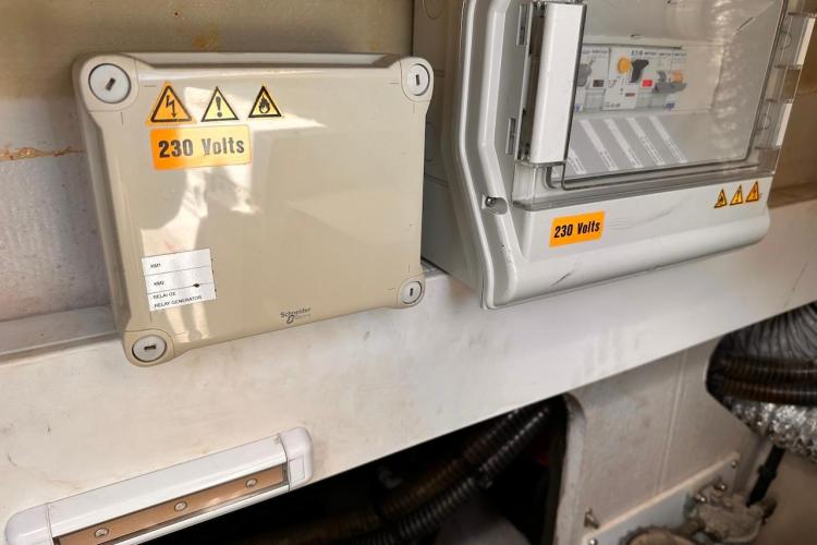 Electrical panel on 2016 Fountaine Pajot Ipanema 58, labeled 230 volts.