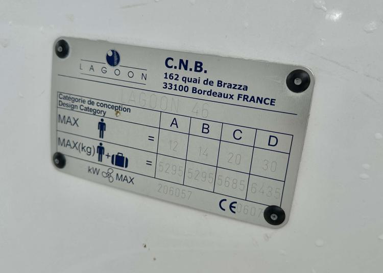 Plaque on Lagoon 46 boat, design category details, Bordeaux, France, 2023 model.