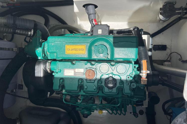 Engine compartment of 2023 Fountaine Pajot Astrea 42 Catamaran, featuring a Volvo engine.