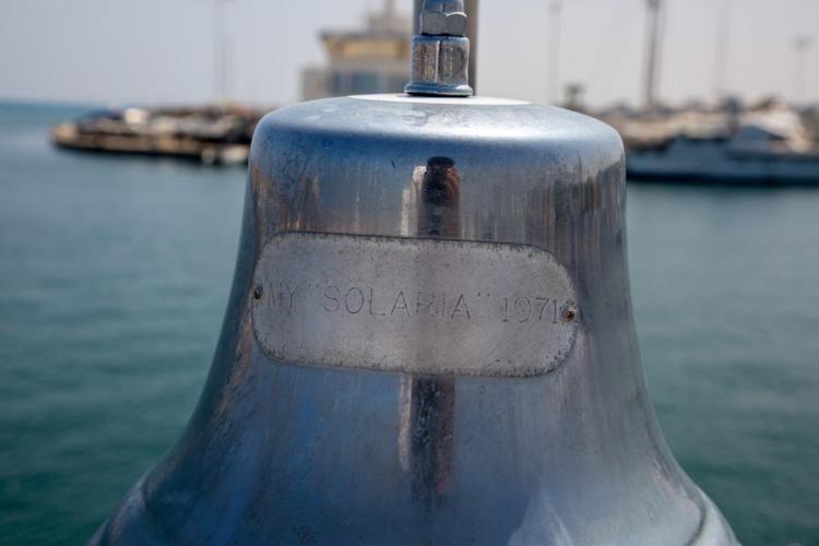 Silver ship bell with "MY SOLARIA 1971" inscription, Benetti 33, 1972 model.