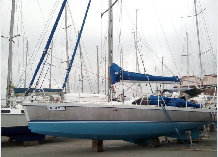 Sailboat "Lucky II" on land, Custom Patago 40, 2019, with blue hull and sails.