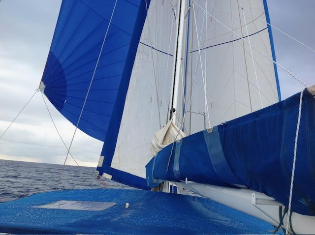 Sailing yacht Polynésie 42 with blue sails on open sea, 2005 model.