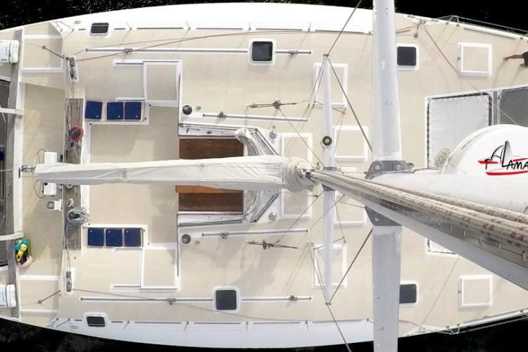 Overhead view of a 1995 Catamaran Day Charter Open Bridge Deck.