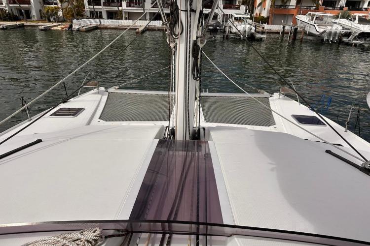 2016 Fountaine Pajot Ipanema 58 catamaran deck view at marina.