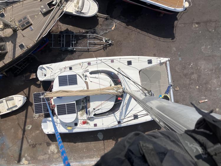Aerial view of 2006 Fountaine Pajot Bahia 46 catamaran with solar panels on deck.
