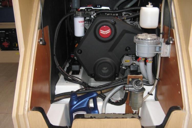 Engine compartment of a 2019 Beneteau Oceanis 46.1 sailboat, featuring Yanmar components.