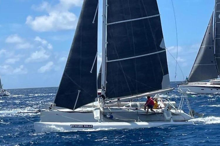 Sailing Coulombel Trimaran 1994 on open sea with black sails and clear sky.