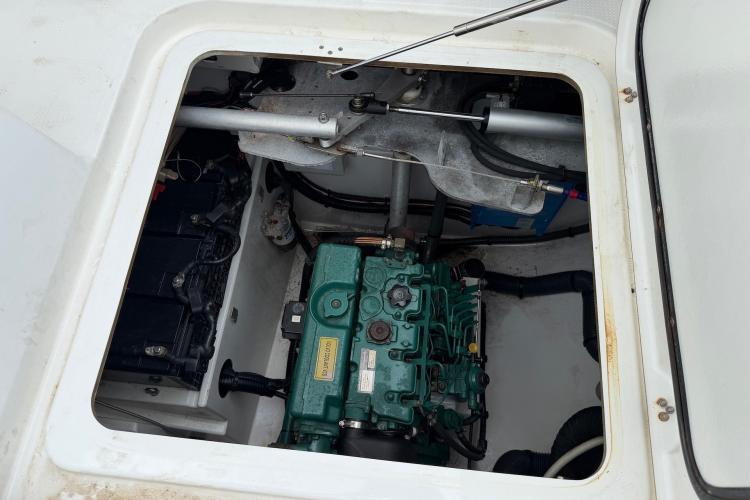 Engine compartment of a 2020 Fountaine Pajot Astrea 42 catamaran, showcasing mechanical components.