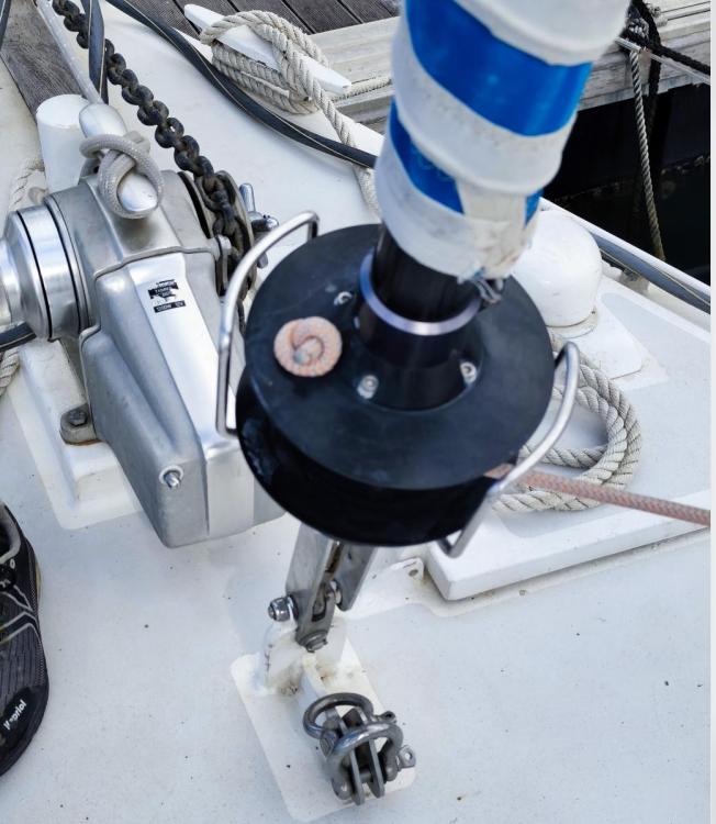 Sailboat deck equipment on a 2019 Custom Patago 40, featuring winch and rigging details.