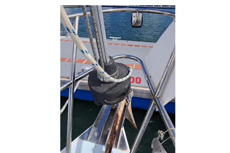 Close-up of 1986 Dufour CATALINA sailboat rigging and deck details at marina.