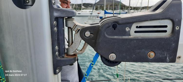 Close-up of a 2007 Elan Impression 434 sailboat rigging mechanism at a marina.