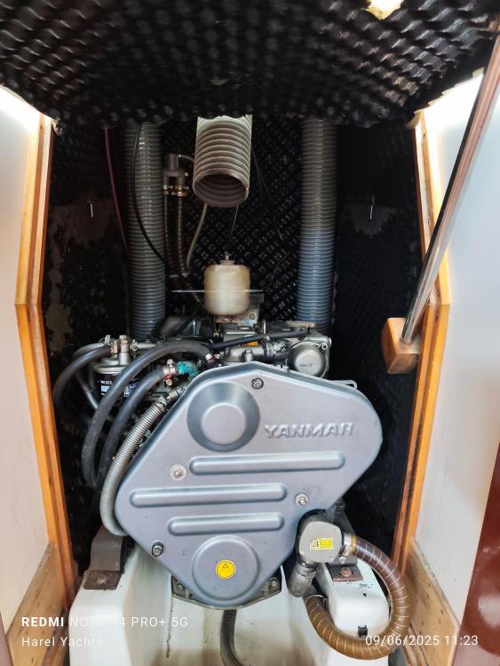 Engine compartment of a 2005 Beneteau Cyclades 43.3 yacht with Yanmar engine.