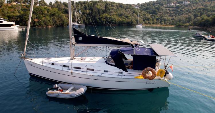 Beneteau Cyclades 43.3 sailboat anchored in serene waters, 2005 model.