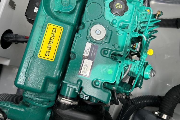 Engine compartment of 2023 Fountaine Pajot Astrea 42 Catamaran with Volvo coolant system.