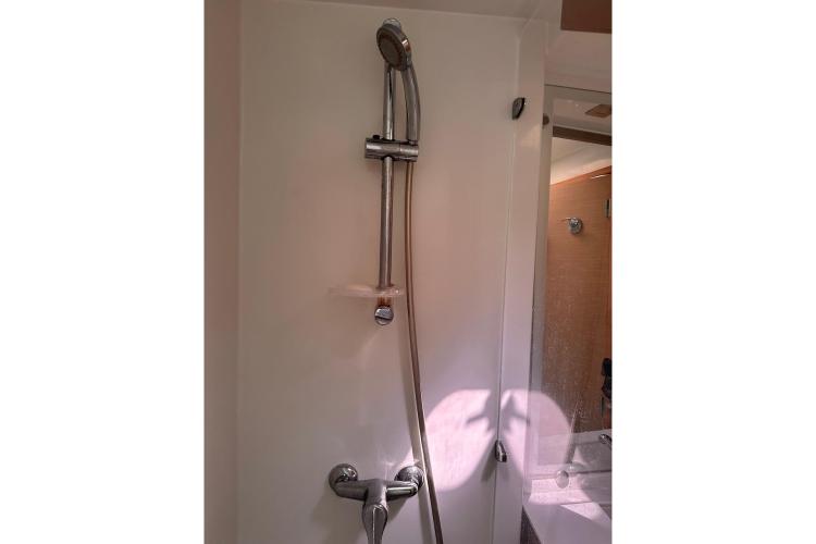 Shower area in 2016 Fountaine Pajot Ipanema 58 yacht bathroom.