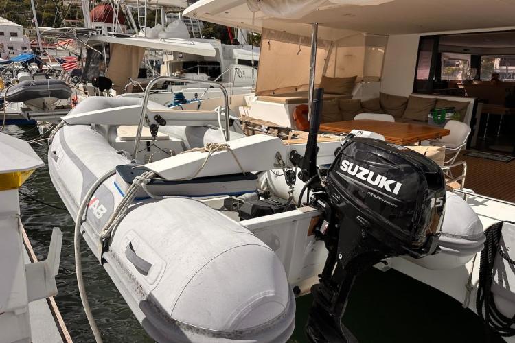 2016 Fountaine Pajot Ipanema 58 yacht with Suzuki outboard motor and inflatable dinghy.