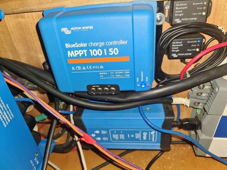 Victron Energy BlueSolar charge controller in Elan Impression 434 yacht, 2007 model, with wiring setup.